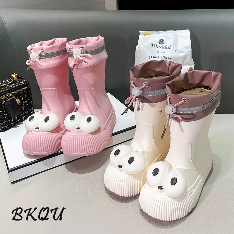 BKQU 2024 Cute Plus Fleece Adult Fashion Outside To Wear Cute Middle Anti-slip Rain Boots Wear-resistant Waterproof Rubber Shoes