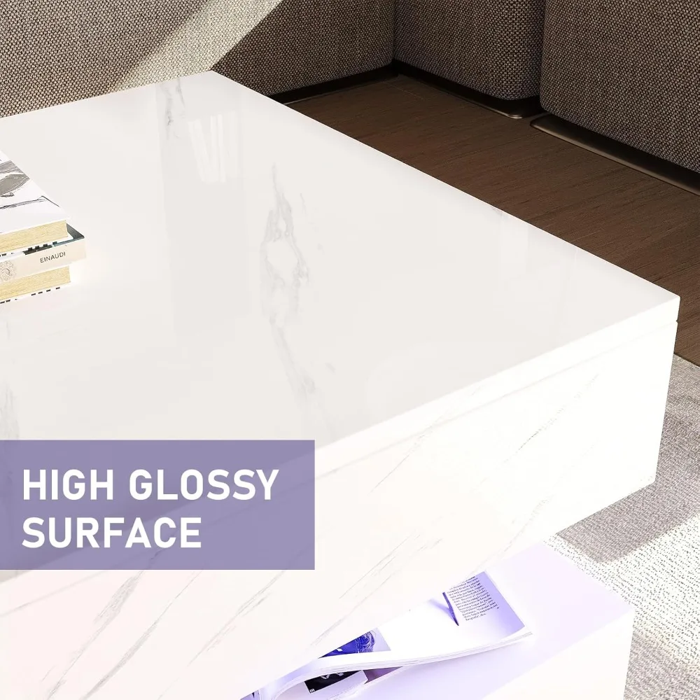 LED Coffee Table with 2 Storage Drawers, Modern High Gloss White Coffee Table w/20 Colors LED Lights, 2 Tiers Rectangle Center T 3