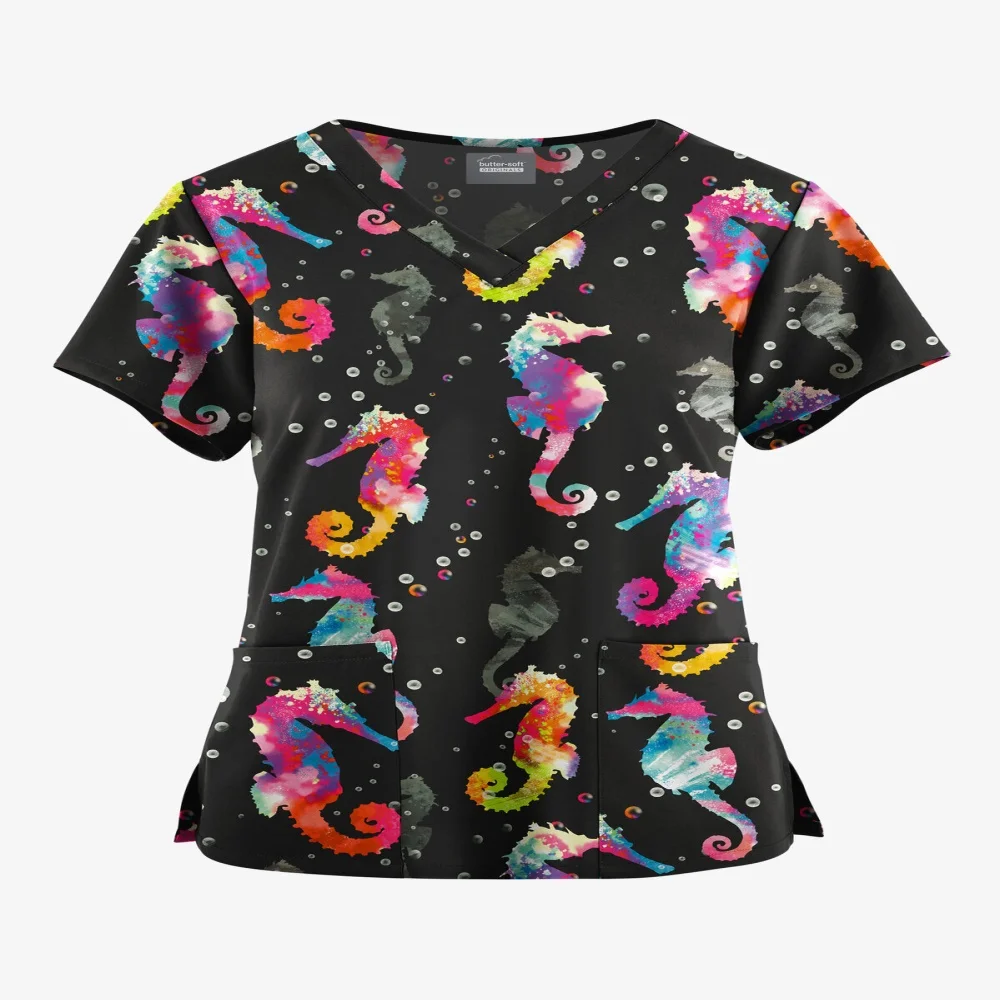 

Модная женская одежда, женские топы с мультяшным рисунком, дизайнерские футболки с V-образным вырезом и двумя карманами для женщин, летние топы с коротким рукавом