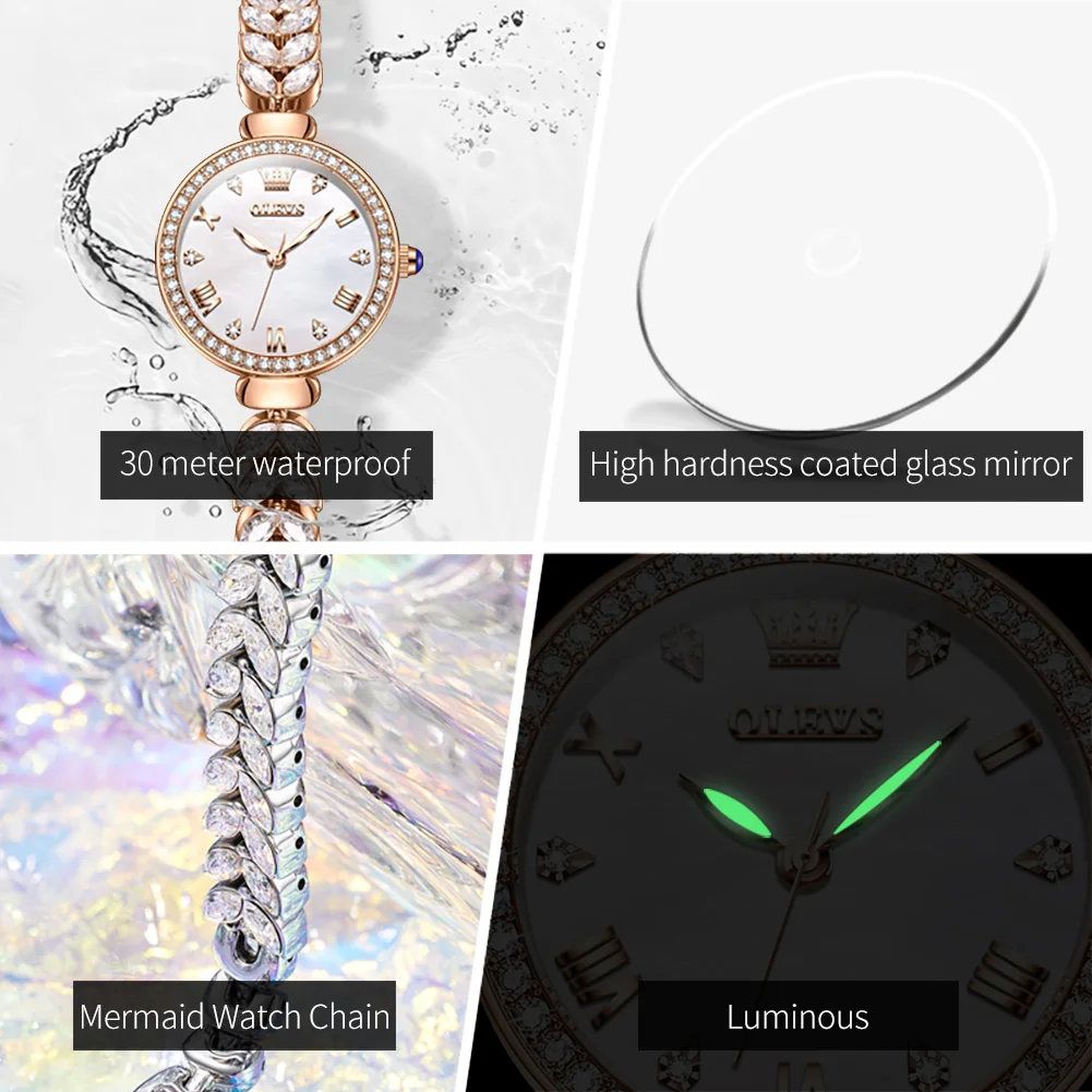 OLEVS 9971 Women's Watches Elegant Fashion Original Wristwatch Waterproof  Fish Bone Strap Luminous Hand Diamond Bezel Reloj 3