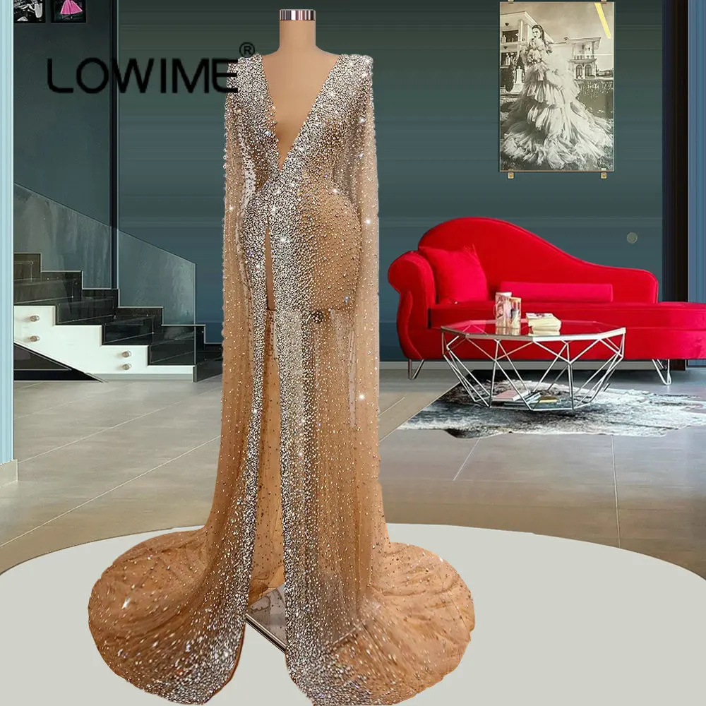 

Sparkly Champagne Arabic Muslim Long Mermaid Evening Dresses Sexy Deep V Neck High Split Illusion Luxury Beaded Prom Party Gowns