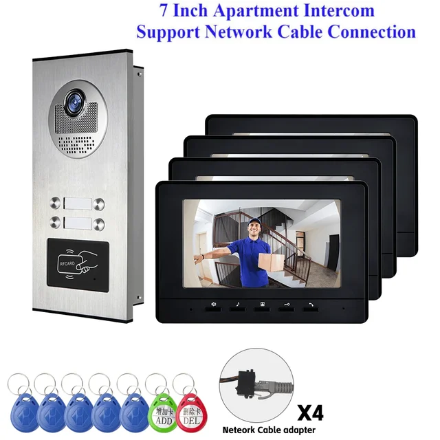 Video Intercom System For Multi Apartment Network Cable Port RFID Unlock Door Video Call Door Phone Building Doorbell Kits 4