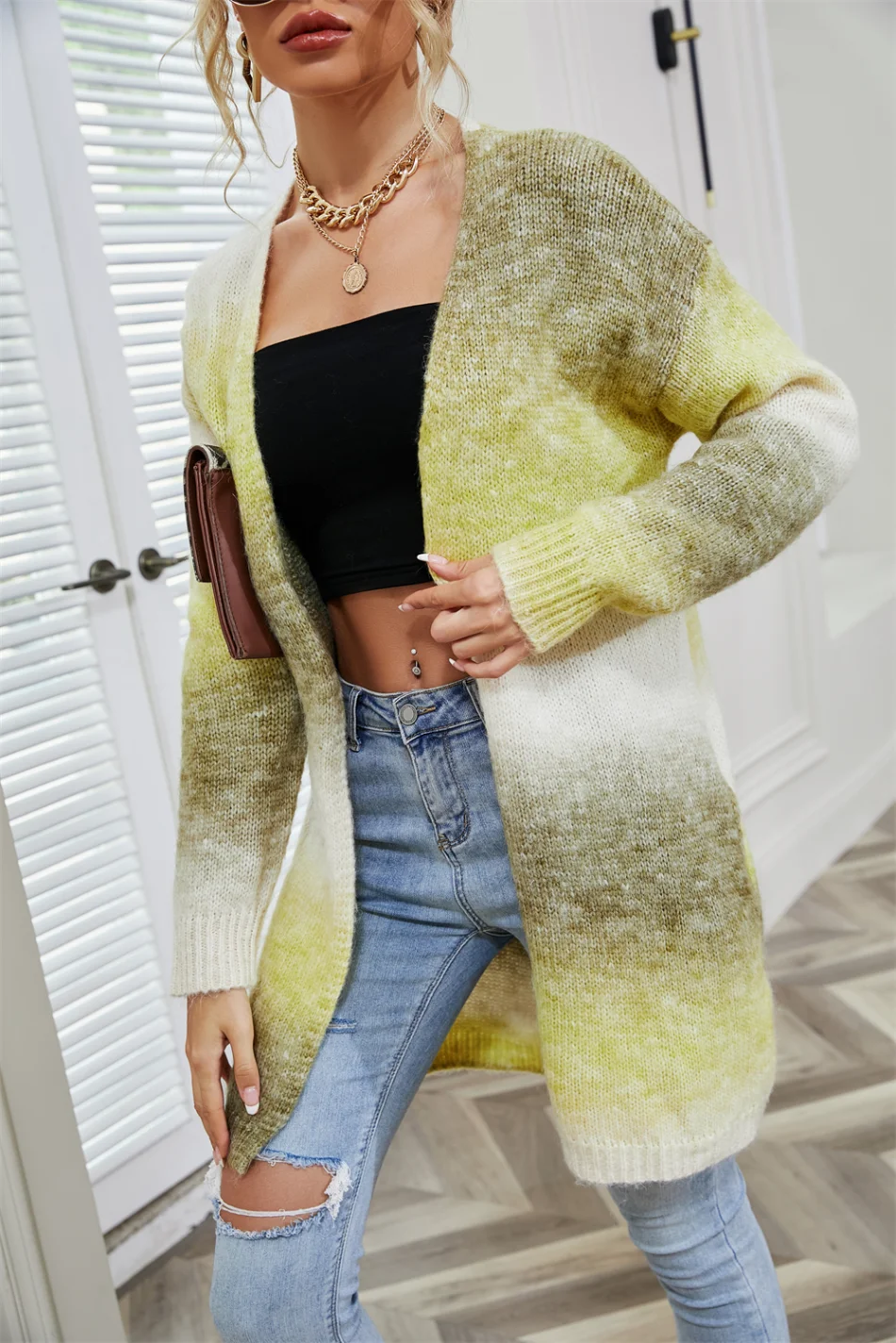 2024 New Winter European American Sweaters Rainbow Tie-dye Mid-length Oversized Cardigan Women Knitwear Jacket Long Sleeved Tops