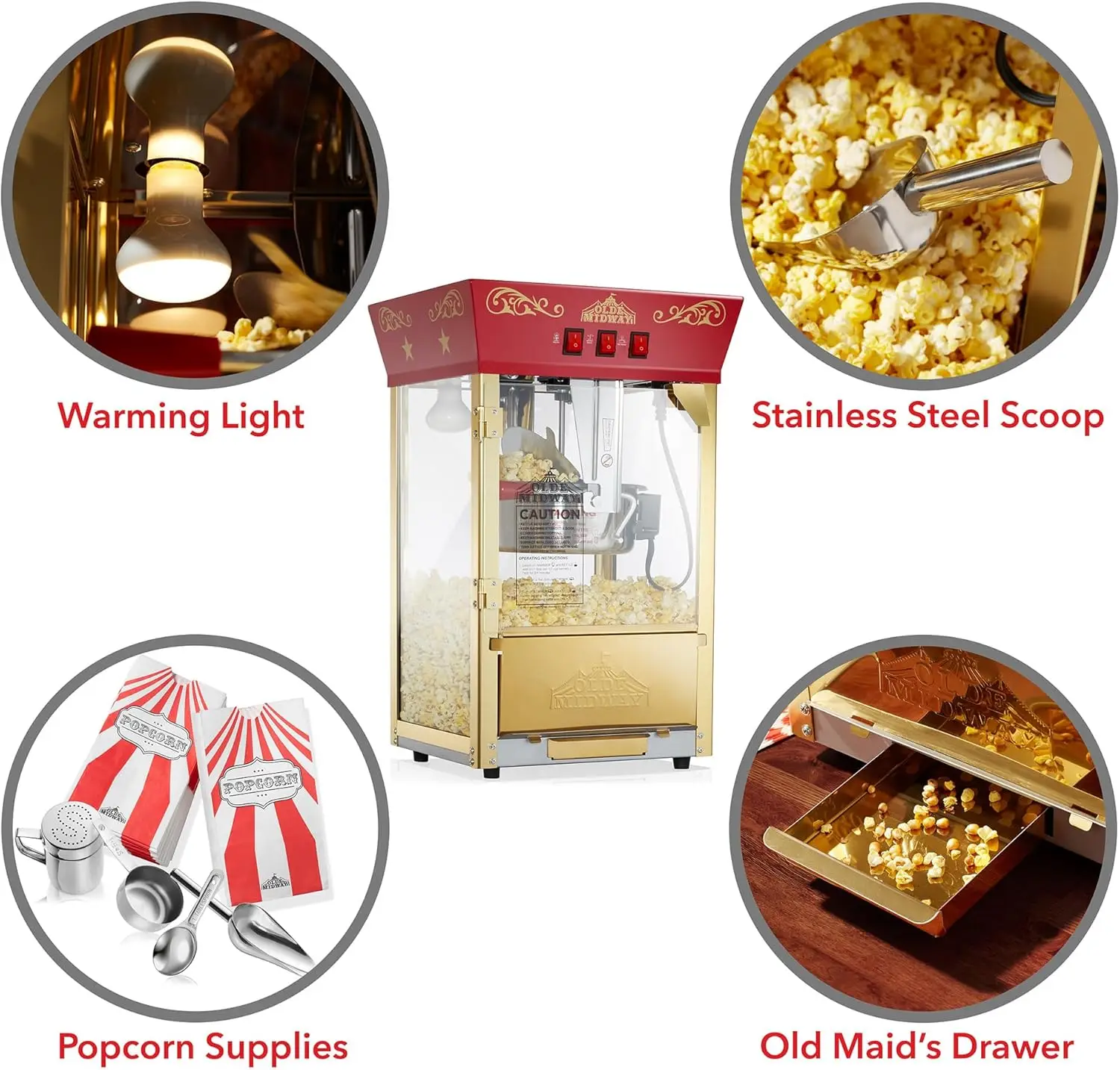 Movie Theater-Style Popcorn Machine Maker with 8-Ounce Kettle - Red, Vintage-Style 6
