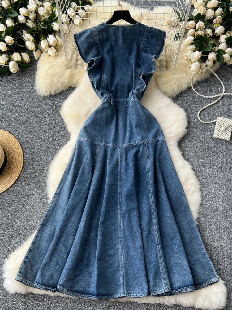 Women Elegant Vintage Casual High Waist Slim A-line Denim Dress