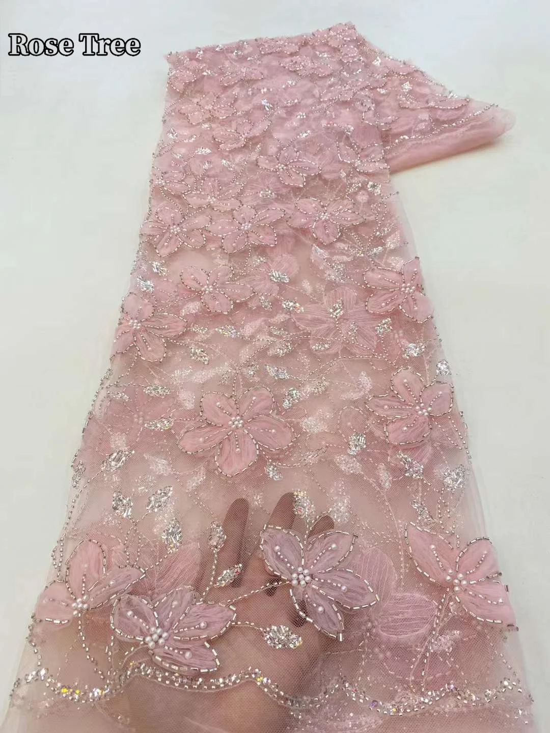 

2024 African Heavy Beaded Lace Fabric High Quality Nigerian Sequins Beads French Tulle Lace Fabric for Wedding