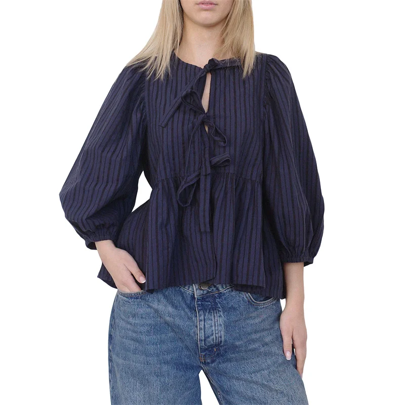 Camisas Y2K para mujer, ropa estética, elegante, color sólido/rayas, manga 3/4, cárdigan con lazo, blusa de los años 2000, ropa de calle