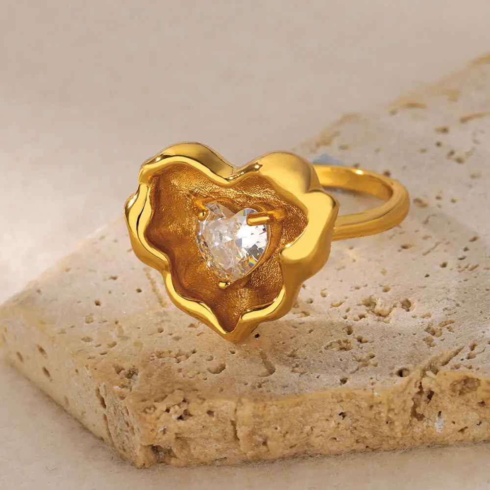 Cubic Zirconia Hearts Rings Adjustable Gold For Women