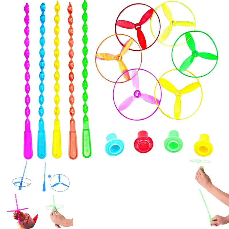 20Pcs Flying Helicopter Toy Hand Rotating Circle Bamboo Dragonfly Hand Rub Plastic Propeller for Outdoor Flying Toy Kids Gift