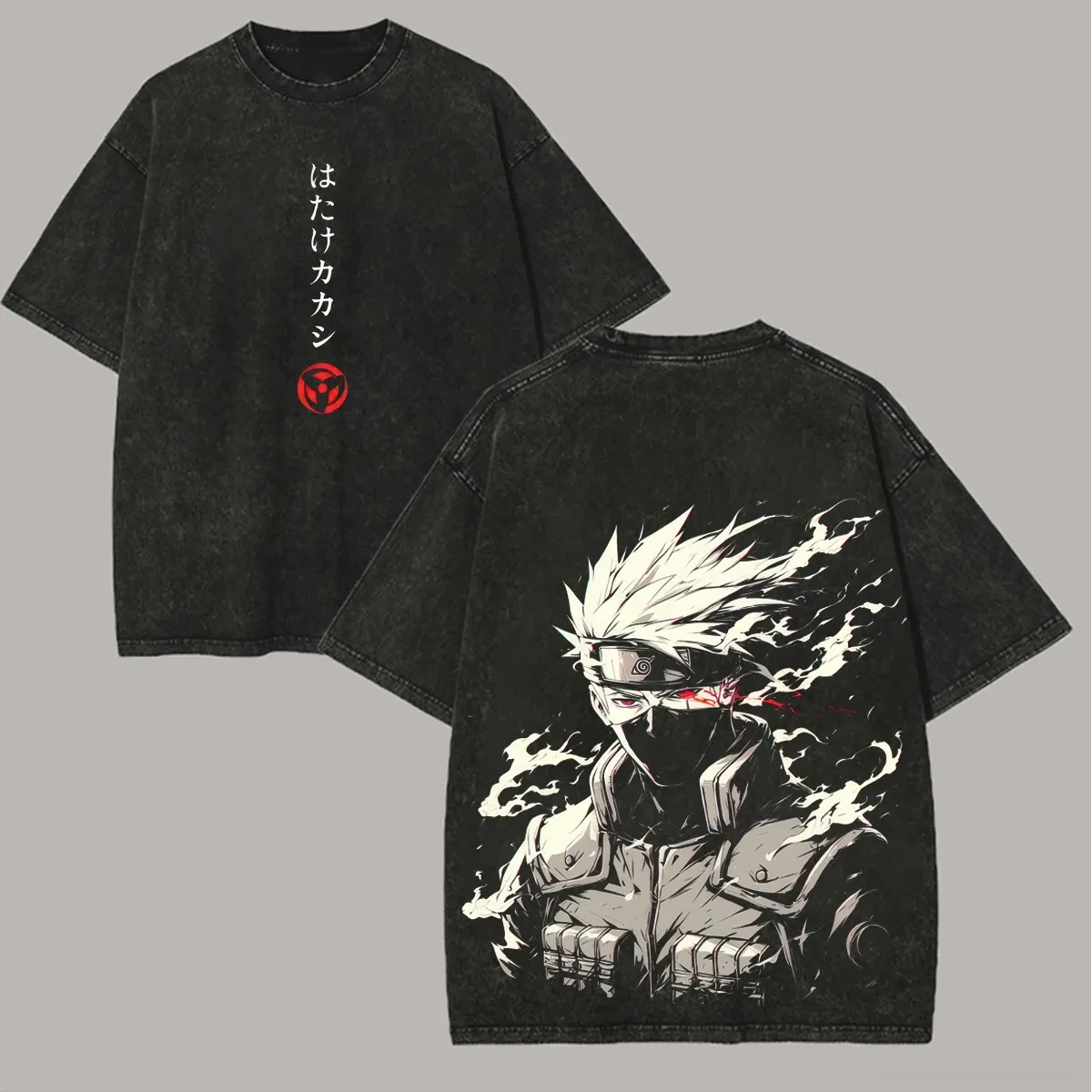 Kakashi Hatake T-Shirt Naruto Herren Acid Wash Rückseitendruck Ninja Anime Grafik Baumwolle Streetwear Weißes Haar Vintage Bootleg Tee