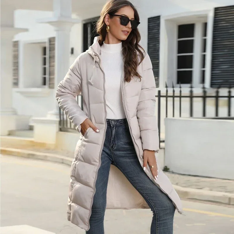 

Spring Autumn Women´s Parkas Thin Cotton Quilted Knee Jacket Solid Color Long Windproof Stylish Hooded Coat Outerwear