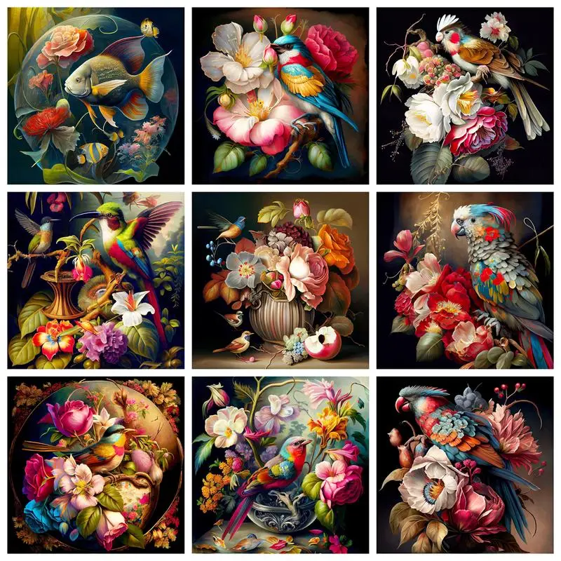 

RUOPOTY Painting By Numbers For Adults Kits Bright Flower Bird Fish Paint for painting Animal Home decoration