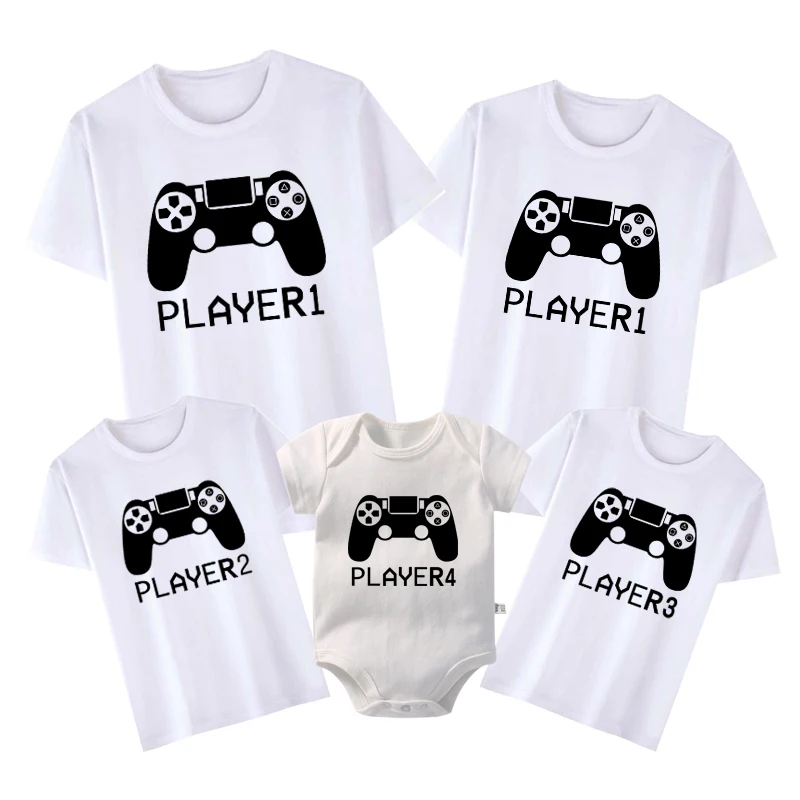 Player 1/2/3/4 Funny Father Daughter Son Family Look Shirt Cotton Short Sleeve Tee For Daddy Baby Romper Family Matching Clothes 4