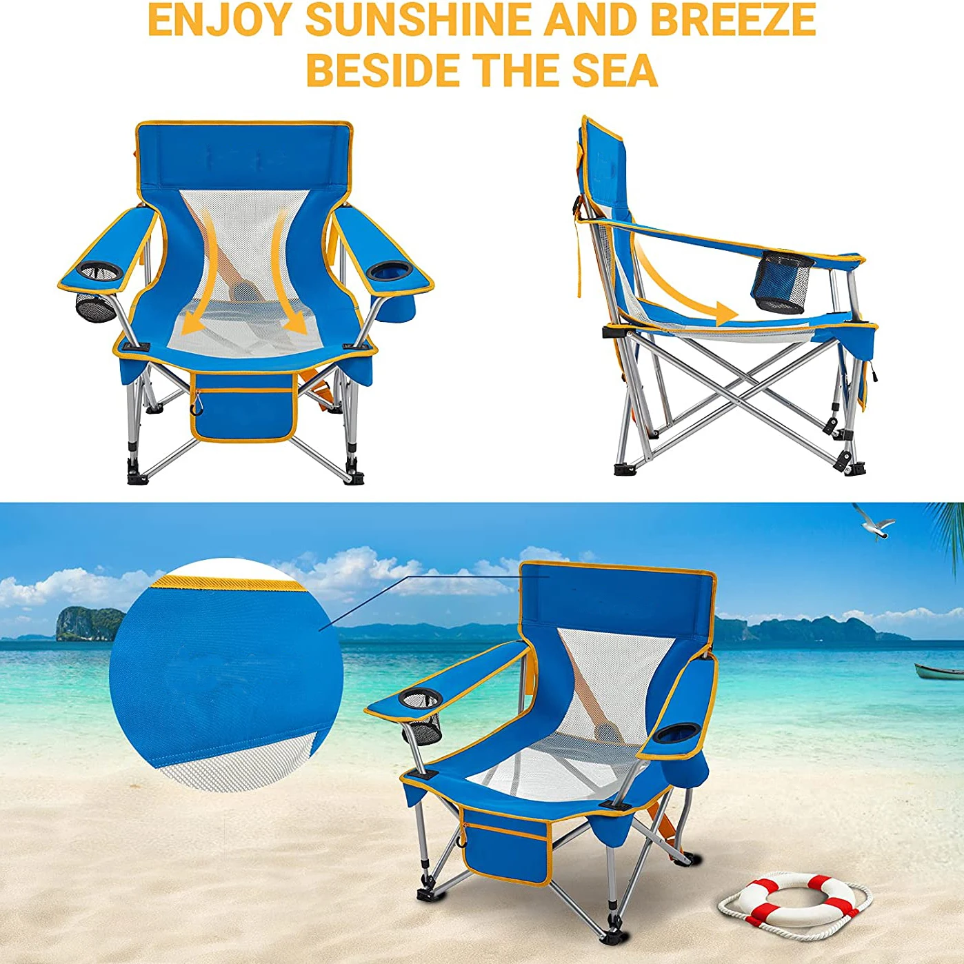 2022 New Blue Folding Camping Chair Low Seat Portable Lightweight Chair With Cup Holder And Front Pocket For Outdoor 3