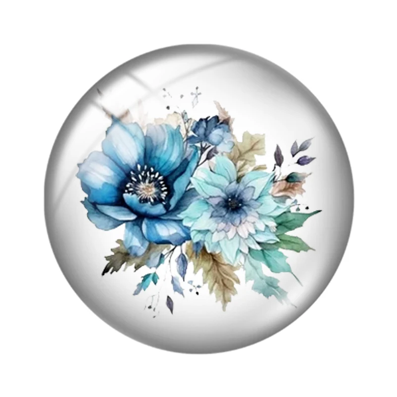 Blue Butterfly Floral Round Photo Glass Cabochon Set - 10pcs Flat Back Embellishments