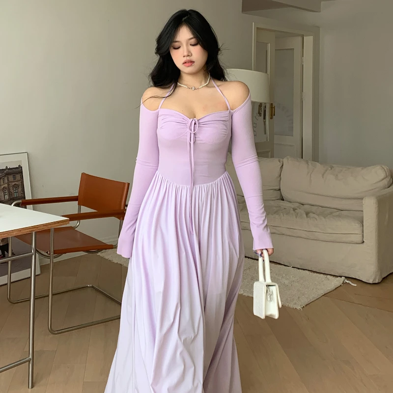 

Vintage Manor Large Size Slightly Fat Mm Knitted Dress Women's High Waist Thin Stitching Hanging Neck Oversized Swing Long Skirt