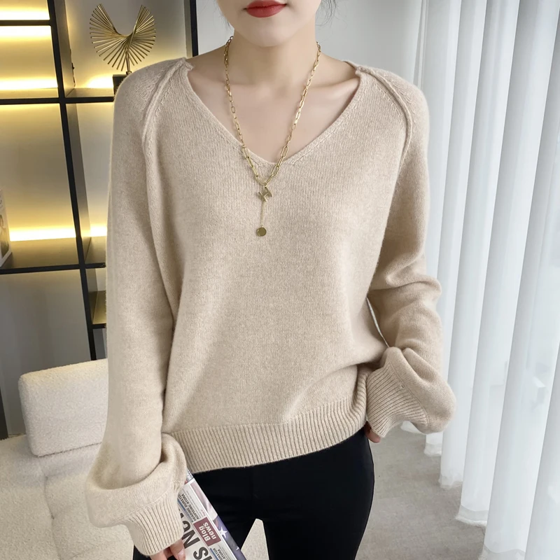 

100% pure wool sweater Women's V-neck pullover casual knitting oversize top 2022 autumn and winter new loose Korean fashion swea