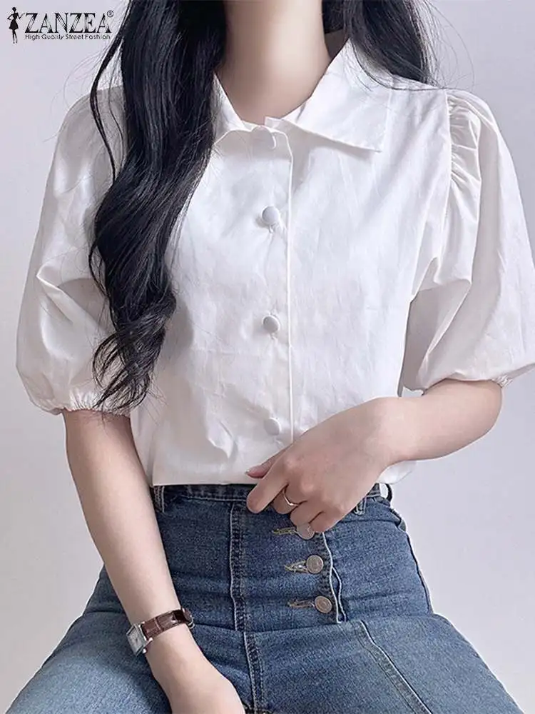 

ZANZEA Fashion OL Shirt Women Solid Office Blouse Summer Half Sleeve Lapel Neck Blusas Elegant Work Tops Party Tunic Blouses