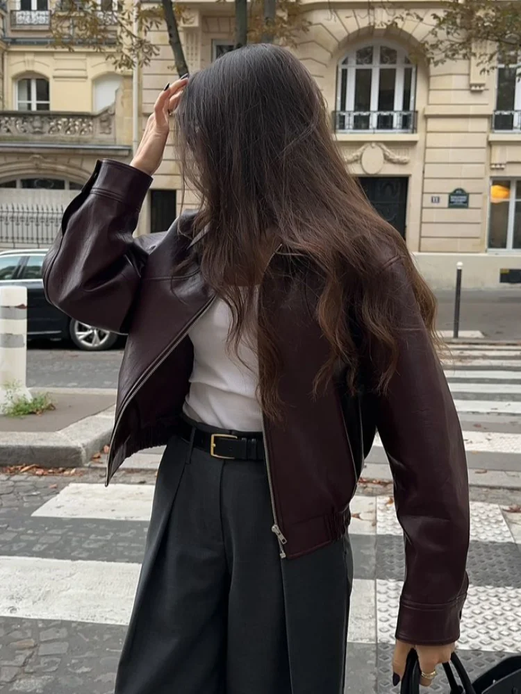 Vintage Solid Women's Pu Leather Jackets With Pockets Fashion Lapel Zipper Buttons Coats 2024 Autumn Chic Lady High Streetwear 4