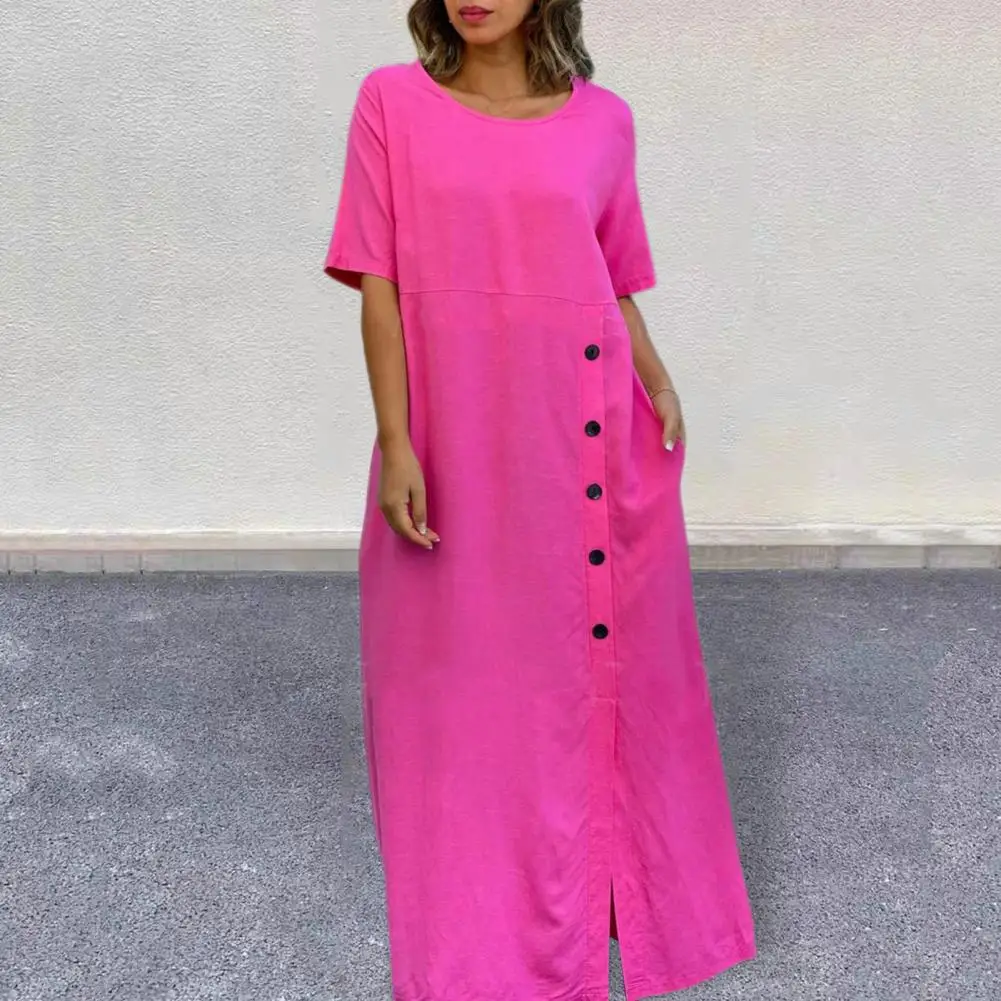 

Round Neck Dress Elegant Button Decor Maxi Dress for Women Soft Breathable Ankle Length Summer Dress with Split Design Stylish O