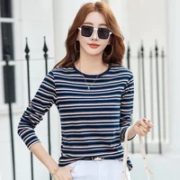 2024 New Women Clothing Crew Neck Striped Bottom Shirt Spring and Autumn Long Sleeve Tops T-Shirt Loose Interior Casual Top
