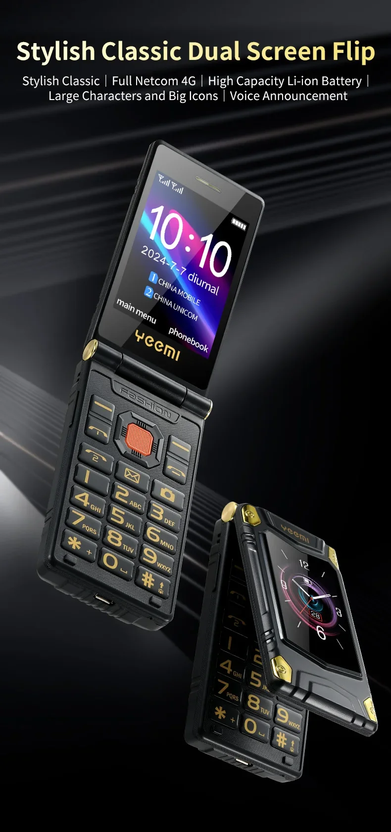 YeeMI M7+ 4G Rugged Feature Phone Dual SIM Dual Screen Large Fonts For Old Man 6800mAh Cellphone SOS Russian Hebrew keyboard