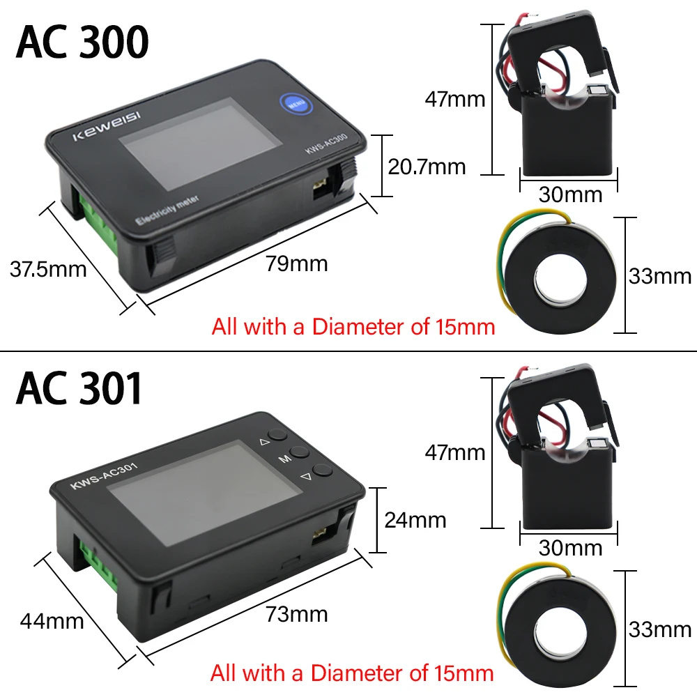 KWS-AC301 디지털 AC 전압계 전류계 50-300V 20A/100A 와트미터 KWh 에너지 미터