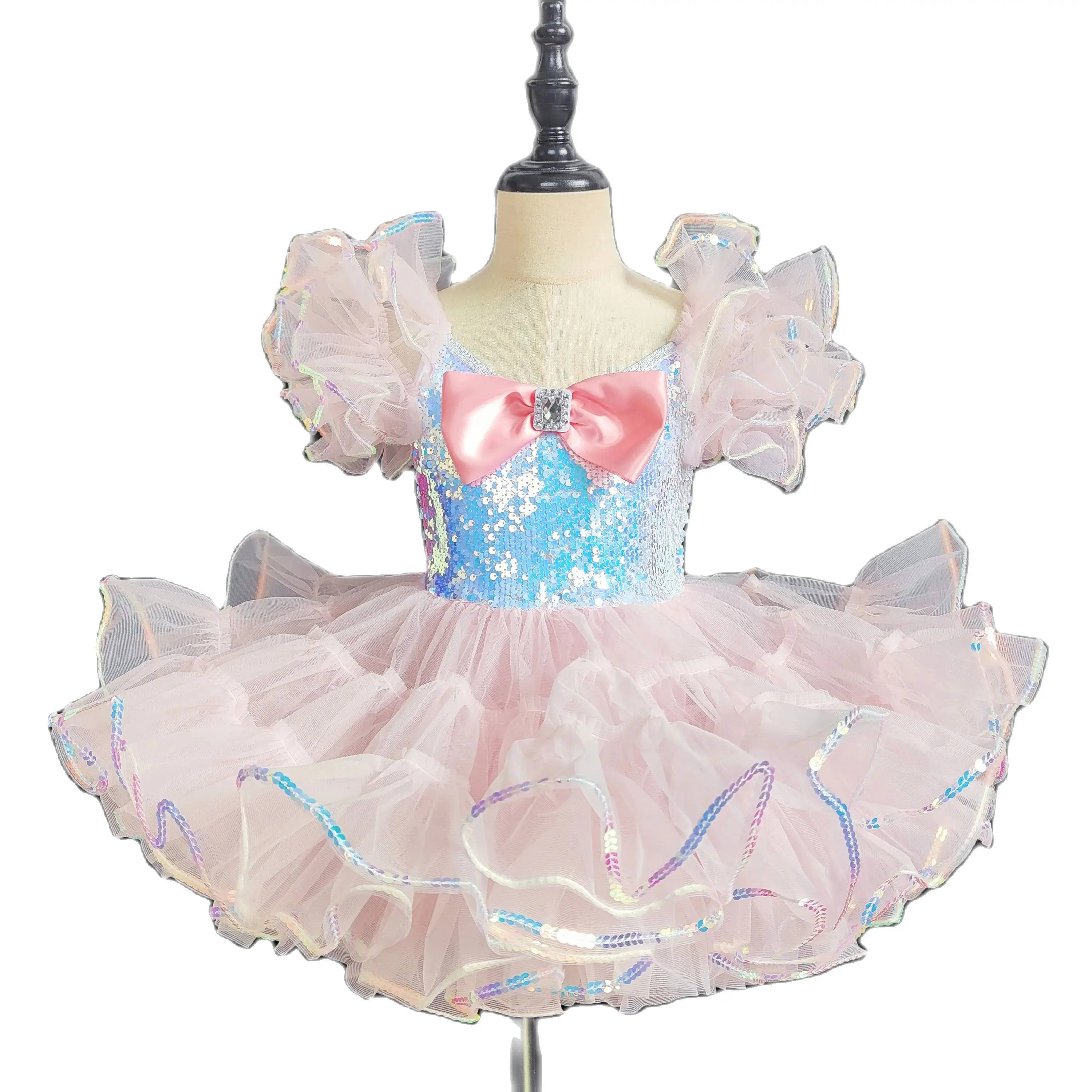 

Professional Dance Dress Girls Costume Stage Wear Toddler Sequin Bubble Sleeve Performance Dress Kids Sequined Ballet Tutu