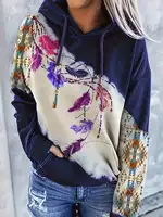 Sudadera con capucha de cuello redondo para mujer, informal, a la moda, estilo étnico occidental, estampado retro, top con capucha para mujer