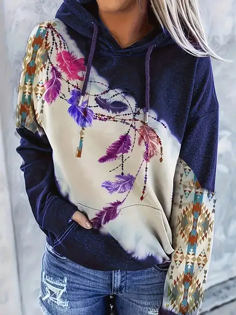 Sudadera con capucha de cuello redondo para mujer, informal, a la moda, estilo étnico occidental, estampado retro, top con capucha para mujer 1