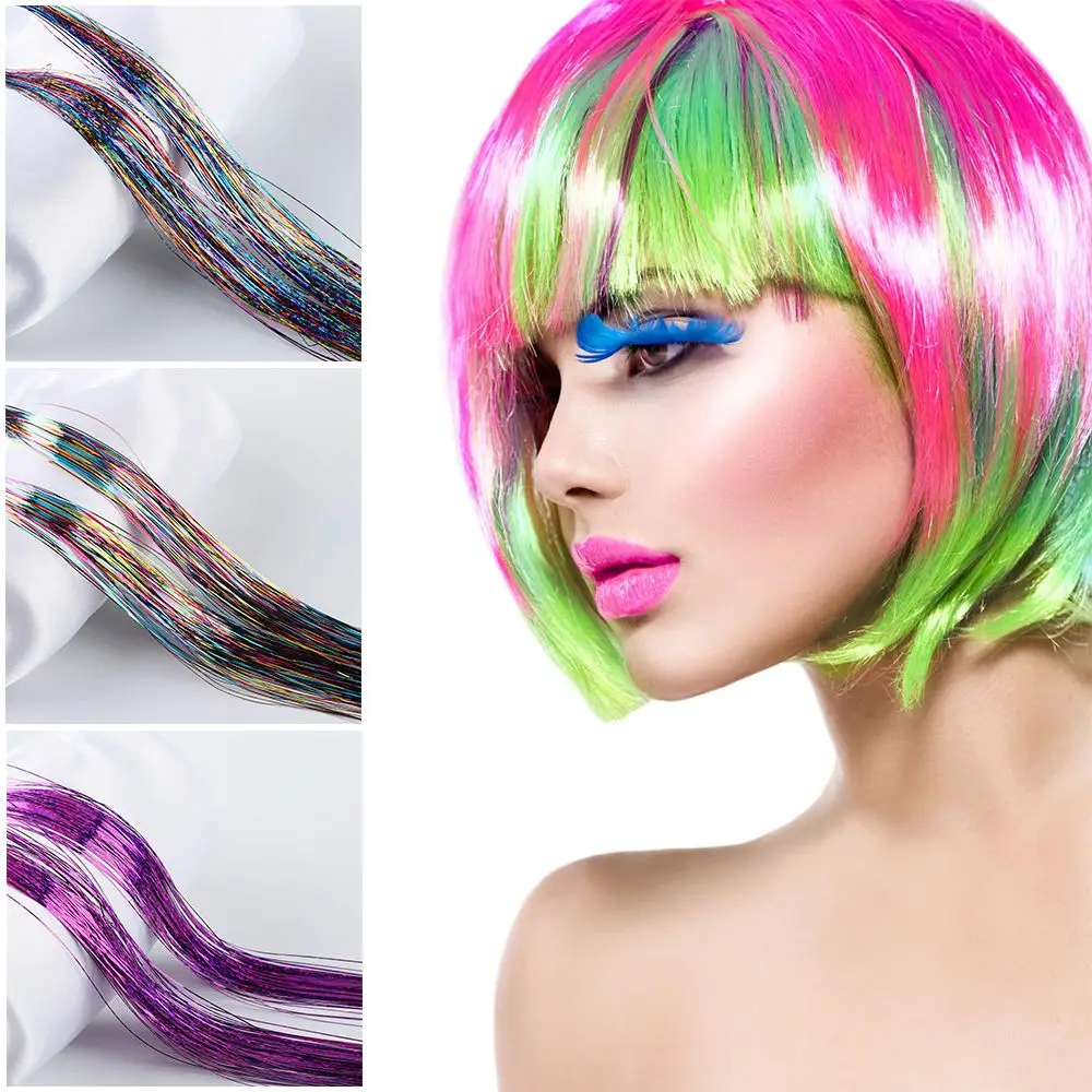 100 fili Ragazze Streak Clubbing Estensione dei capelli scintillanti Capelli di seta bling Tinsel Glitter Colore arcobaleno - immagine 3
