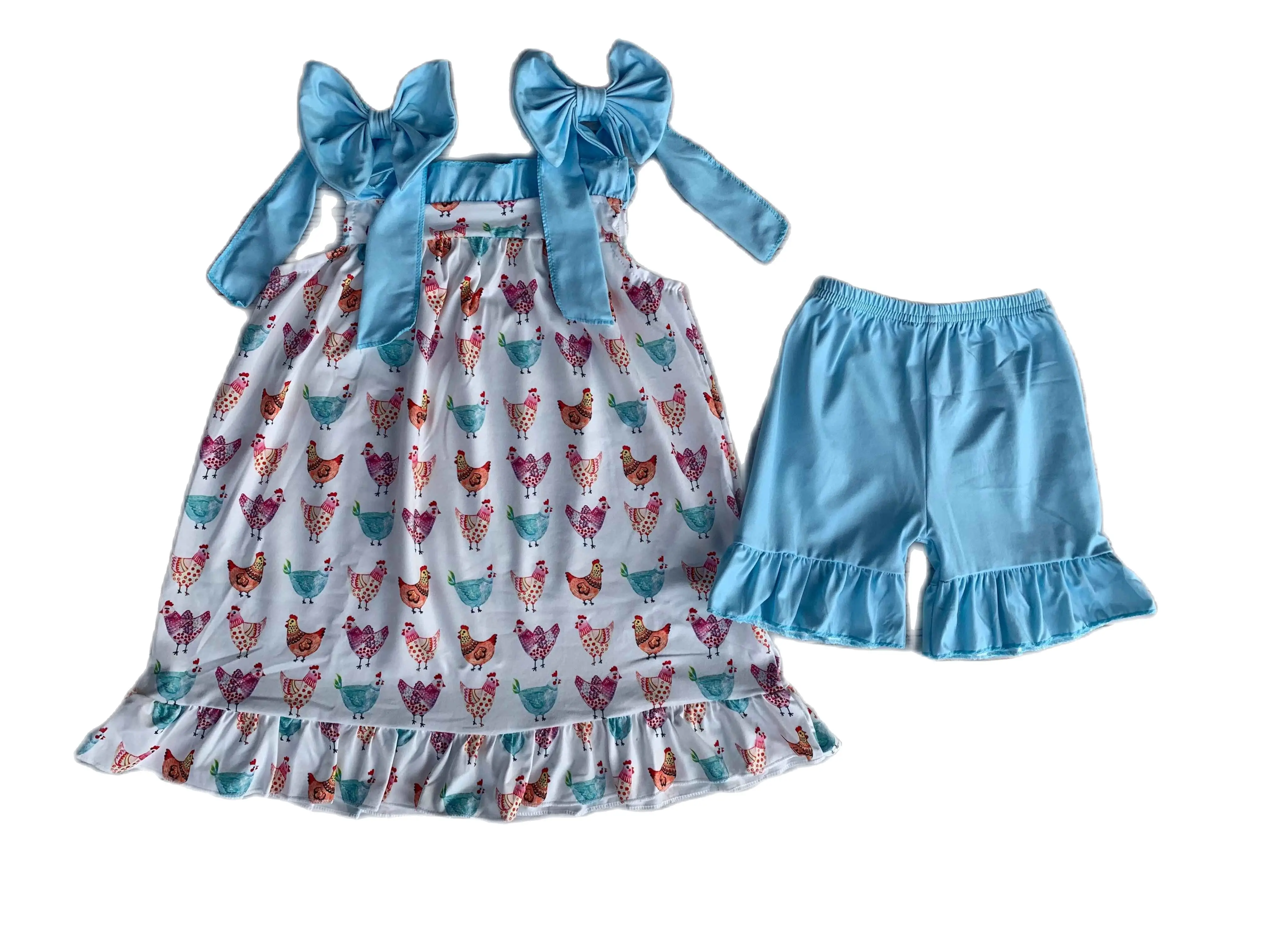 

Hot SaleToddler Girl Clothing Set Butterflies Tank Happy Chicken Ruffles Shorts Outfits With Baby Rompers