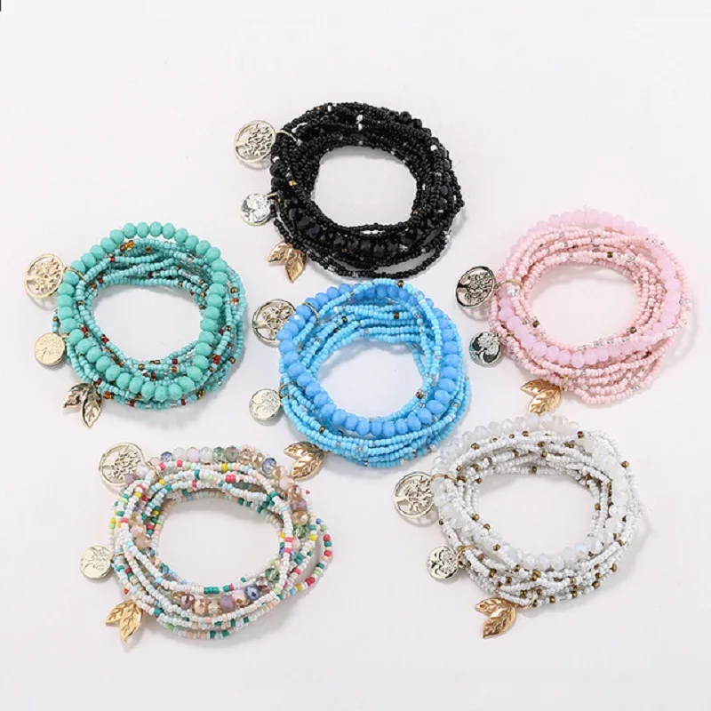 Bracelet jewelry Bohemia Evil Eye Tassel Charm Beads Bracelets Set Bangles For Women Multilayer Crystal Heart Life Tree Charm Wristband Gifts