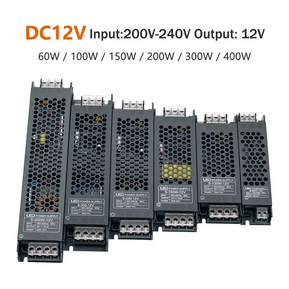 Ultra thin Lighting Transformer DC12V/24V Power Supply Adapter LED Strip Switch Driver Lamp 60W 100W 200W 300W 400W
