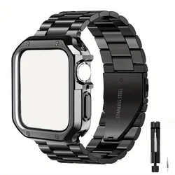 Elegant Stainless Steel Watch Strap with Shockproof Case - 46mm (Series 10) (Black)