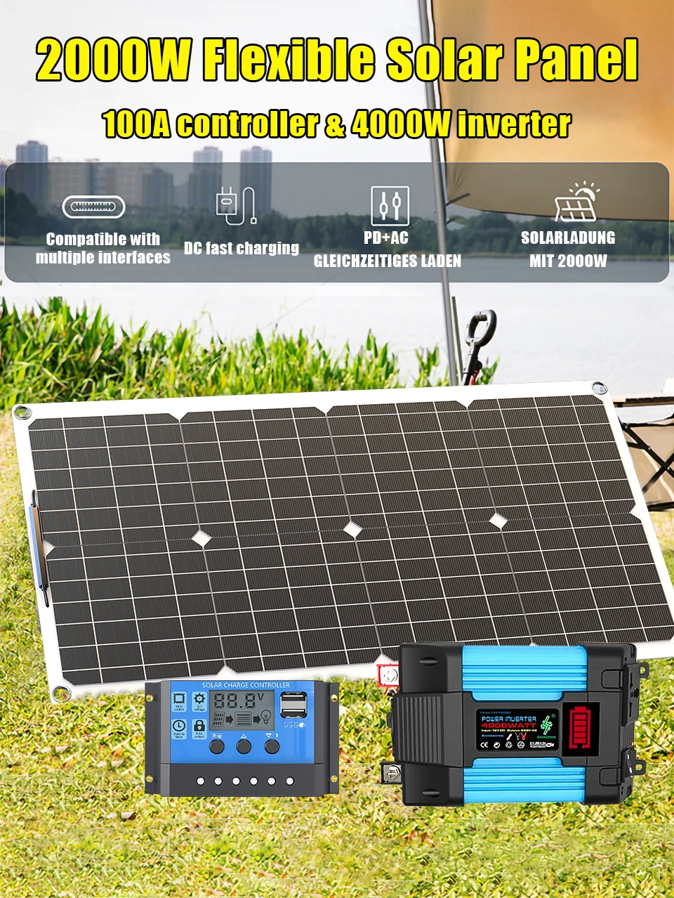 110V220V 6000W Flexible Solar Panel System Kit 12V Battery Charger Controller