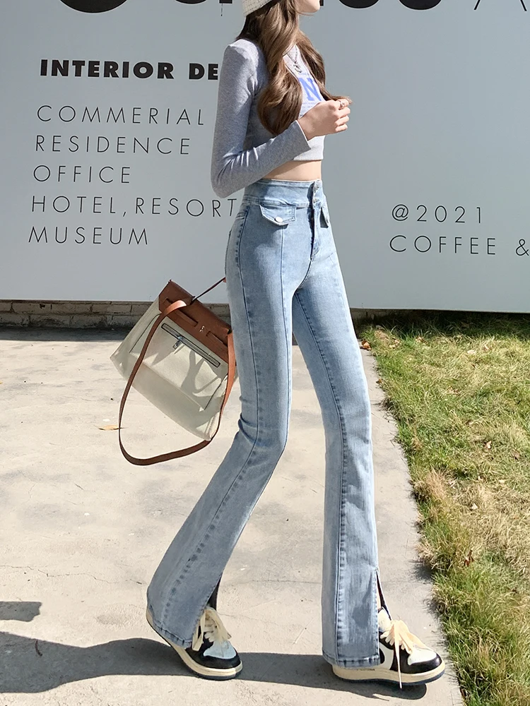 High Waist Double Breasted Jeans For Women Summer Split Flare Denim Pants Skinny Full Length Jean Trousers Female 0816 paige jeans