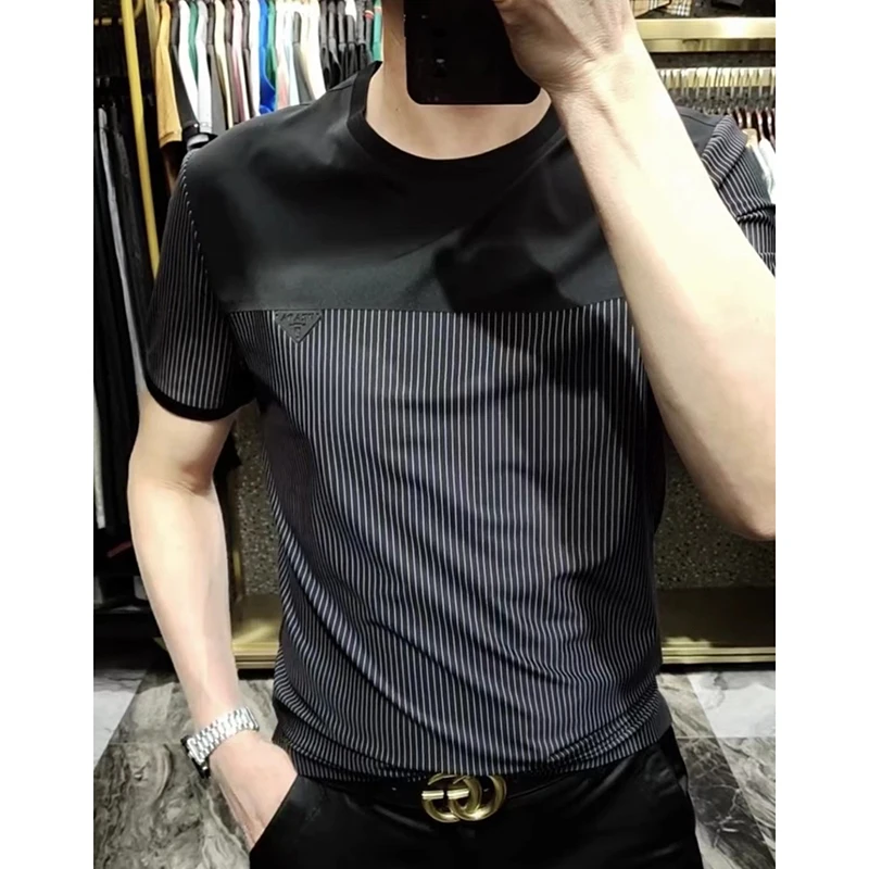 

Fashion O-Neck Spliced Korean Striped T-Shirt Men's Clothing 2024 Summer New Oversized Casual Pullovers Tops All-match Tee Shirt