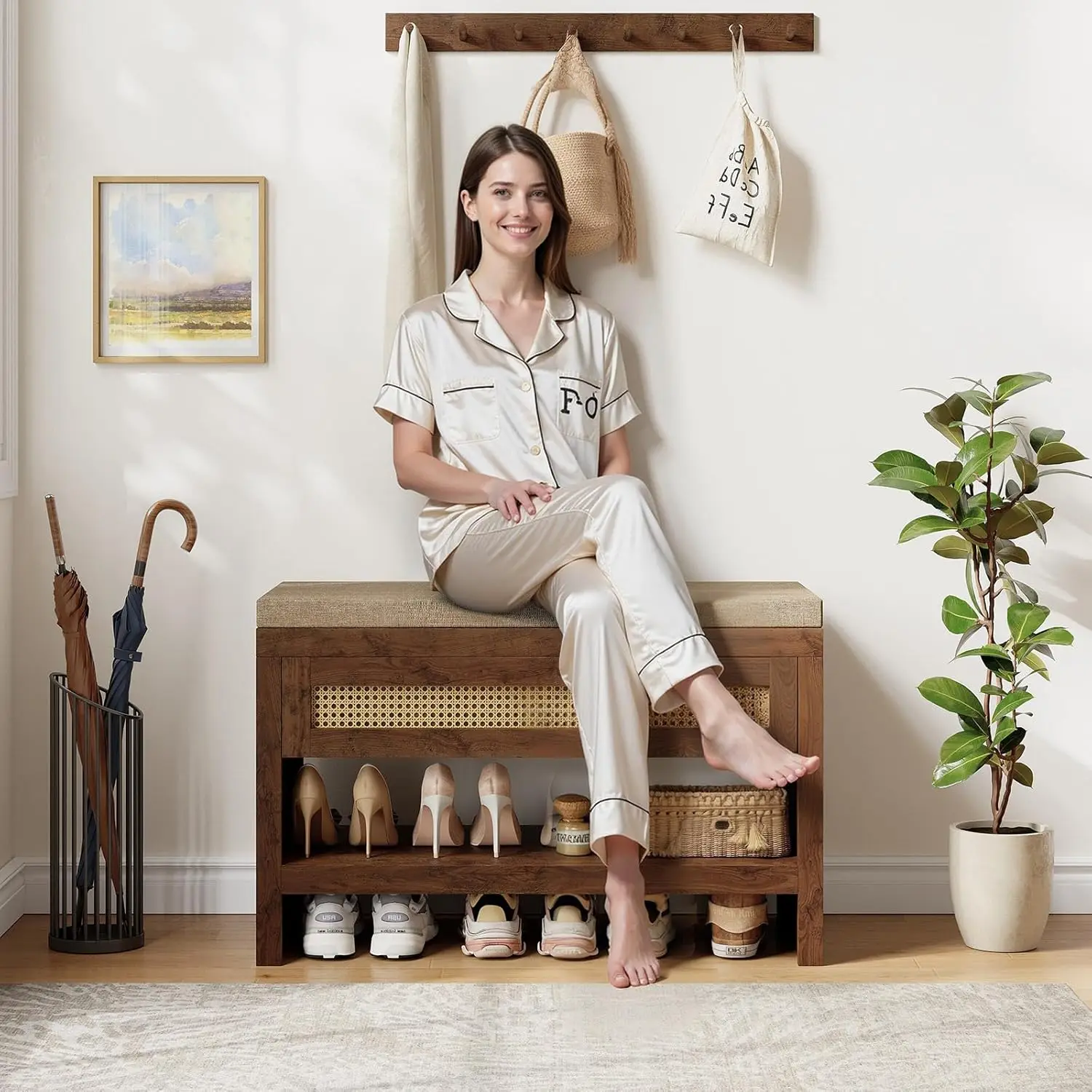 Rattan Shoe Bench with Cushion, 31" Shoe Bench with Storage Drawer, Farmhouse Shoe Rack with Shelf, Wooden Storage Bench