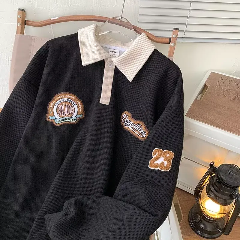 Ele Long Sve Men's  irt with Letter Embroidery And Collar American Sle Sweatirt Trendy Loose Fit Teenage Wear