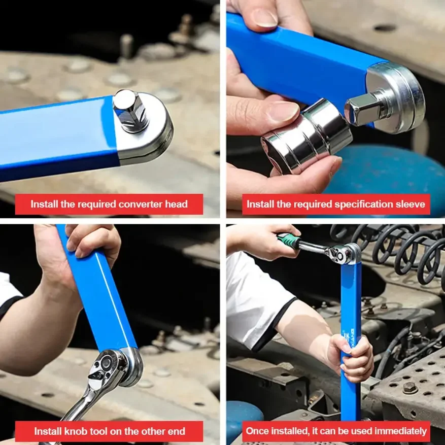 Multifunctional Car Offset Extension Wrench with 4 Adapters Dual-purpose Impact Socket Ratchet Wrench Automotive Hand Spanner
