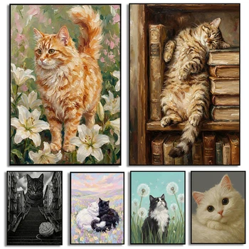 Poster Artistico di Gatti Originali, Stampe di Gattini su Tela, Quadri di Gatti per Arredamento Casa, Decorazioni Vintage per Soggiorno