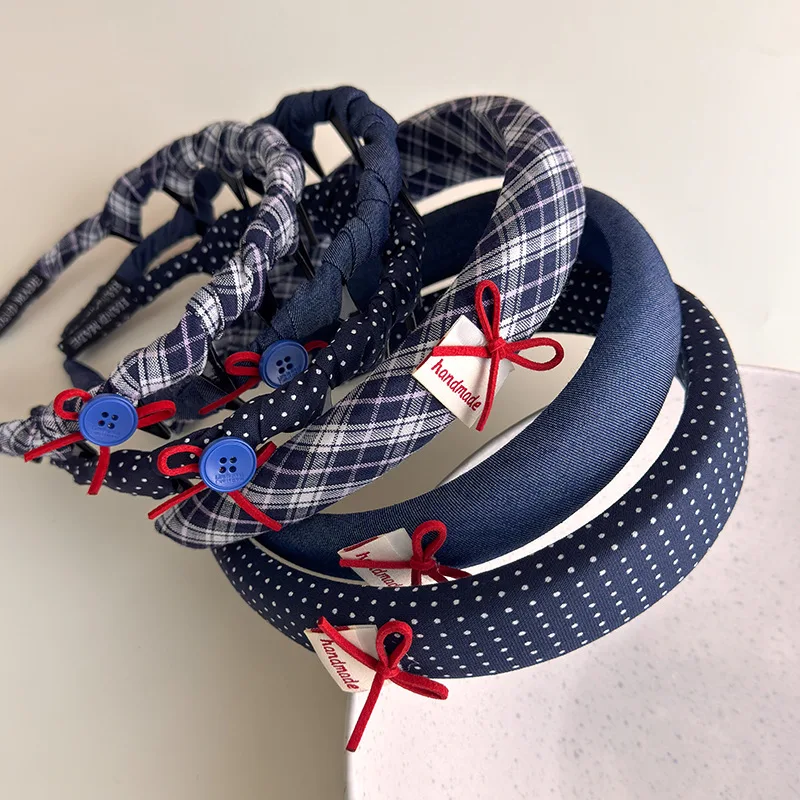Vintage-Stirnbänder für Frauen, britischer Stil, gezahnte, rutschfeste Haarbänder, rote Schleife, blaues Haarband, Haarband, Gesichtswäsche, Haar-Accessoires