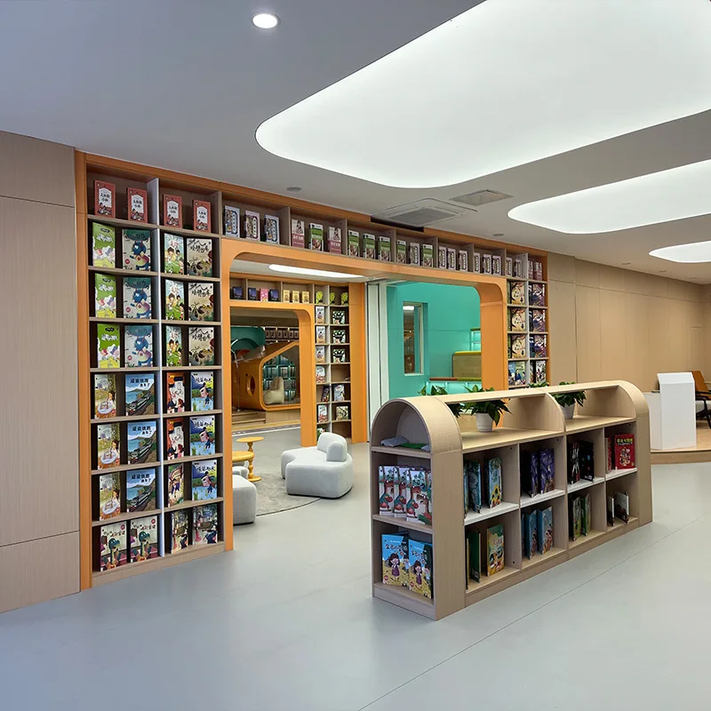 Libro del distretto commerciale Città in legno massello Grande arco quadrato Scaffale dal pavimento al soffitto, area di lettura della biblioteca Creativo Premium Boo - immagine 3
