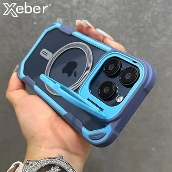 Luxury Contrast Color Armour Magnetic Phone Case For iPhone 17 16 15 14 13 12 Pro Max 11 Folding Lens Holder For Magsafe Cover 1