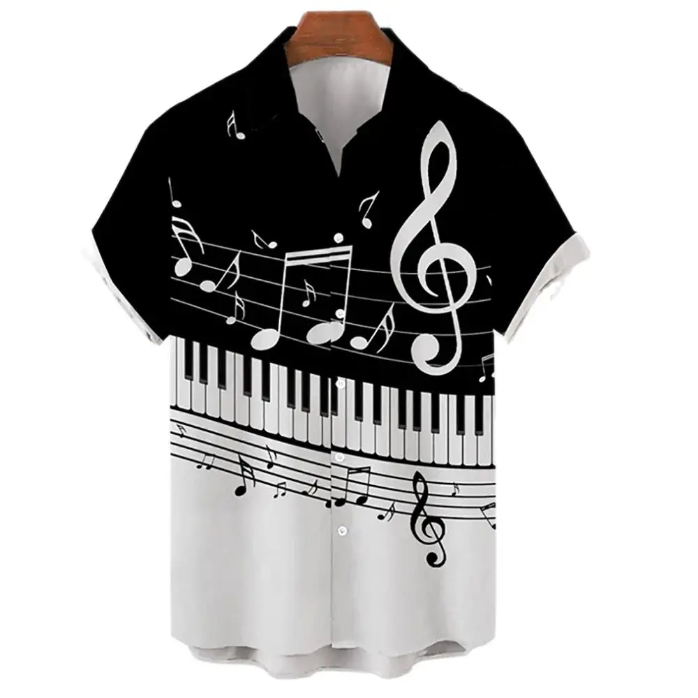 

New Oversiz Men's Shirt Hawaiian Woman Single-breasted Musical Instrument Print Short Sleeve Beach Loose Casual Top Camicias