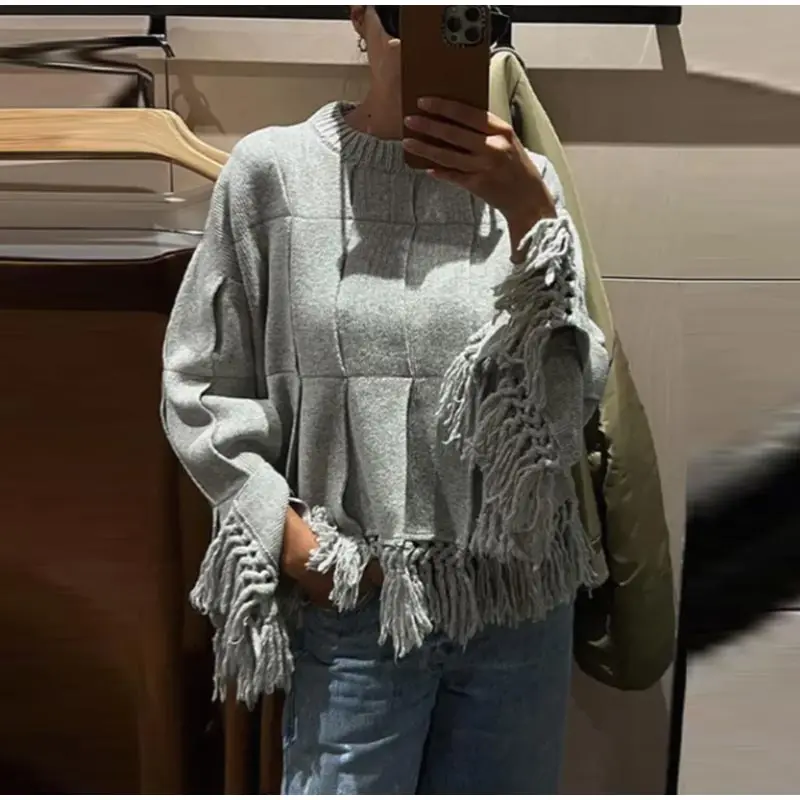 Vintage Solid Pleated Tassel Sweaters Women Casual Loose Knitted Pullover Sweater Female Autumn Chic Elegant High Street Tops