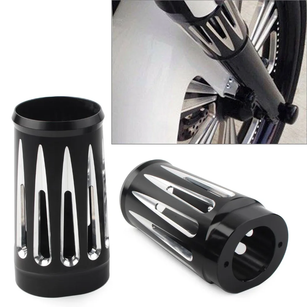 

2Pcs Motorcycle Fork Boot Slider Cover Cow Bell For Harley Davidson Touring FL 1986-2013 Black Aluminum Alloy