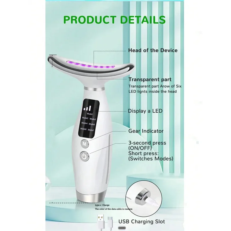 Appareil de beauté pour le cou avec mode d'éclairage coloré pour le visage et 7 vitesses de réglage, doté d'une poignée ergonomique._voghion.com