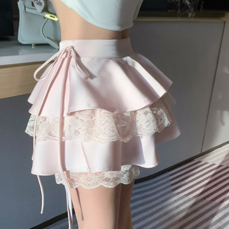 Gothic Sexy Ruffle Tiered Skirts Women Cute Lolita Style Lace Cake Skirt Girl Kawaii Clothes High Waist Solid A-Line Mini Skirt 6